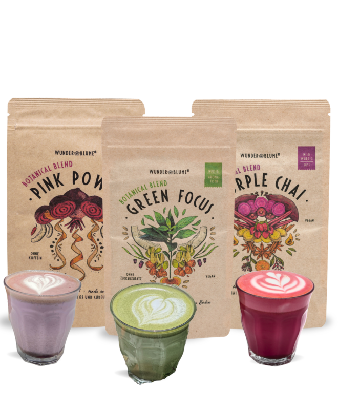 Wunderblume Energy & Beauty Probierset Green Focus Pink Power Purple Chai